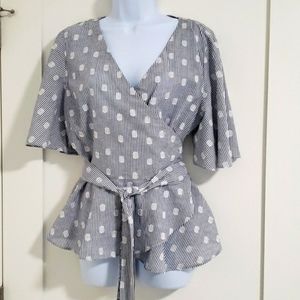 LOFT Blue and White Dots & Stripes Wrap Top